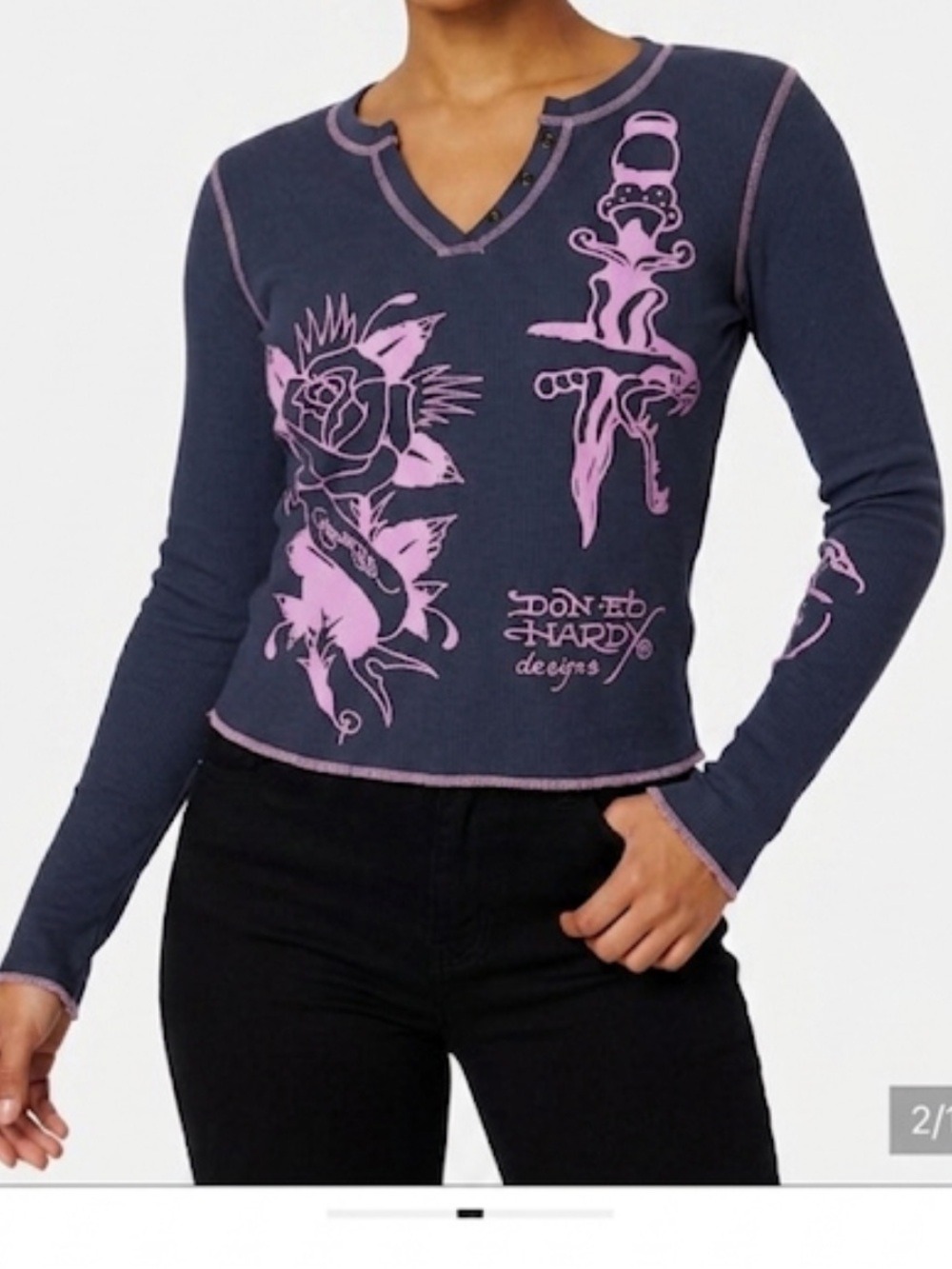 Ed Hardy Dark Navy Tattoo Graphic Thermal Henley Top Size M Y2K Rose Dagger